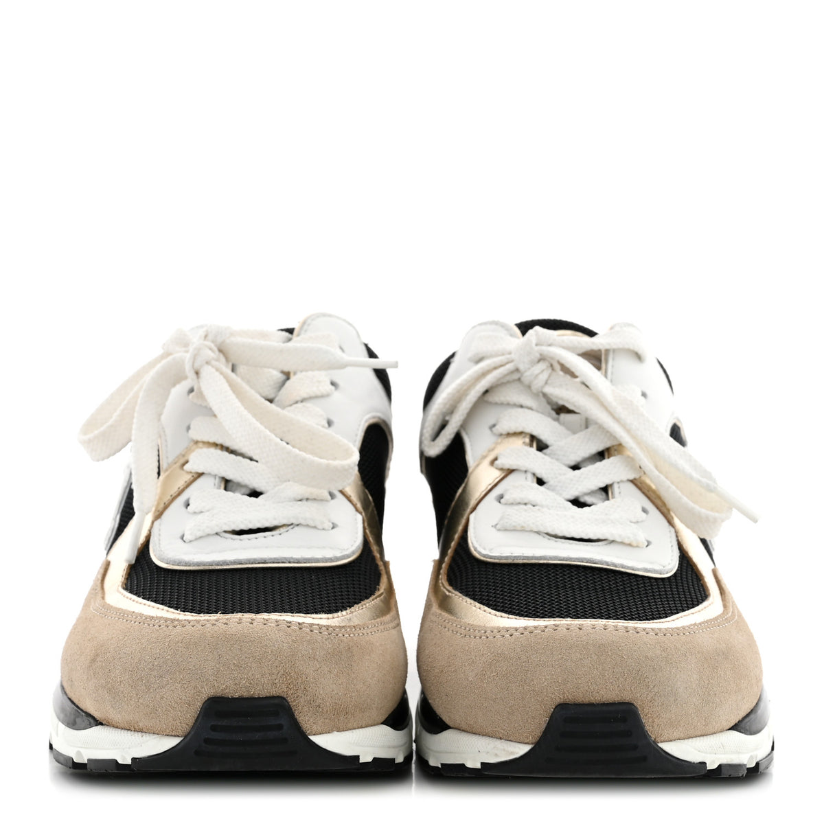 Chanel Mesh Suede Calfskin Grained Calfskin Womens CC Sneakers 38 White Black Beige Gold 3 of 9