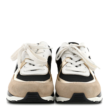 Chanel Mesh Suede Calfskin Grained Calfskin Womens CC Sneakers 38 White Black Beige Gold 3 of 9