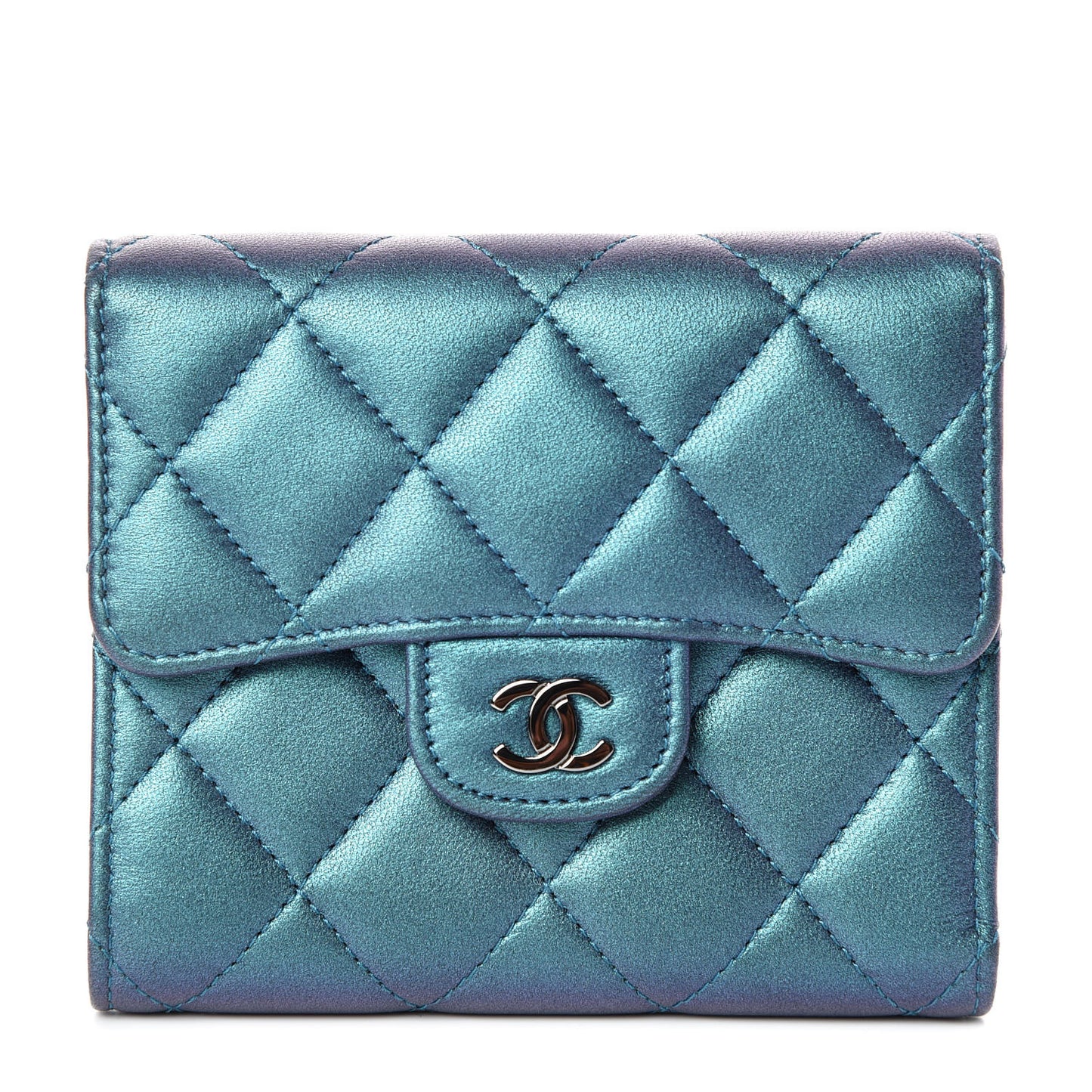 Iridescent Lambskin Quilted Small Compact Wallet Turquoise