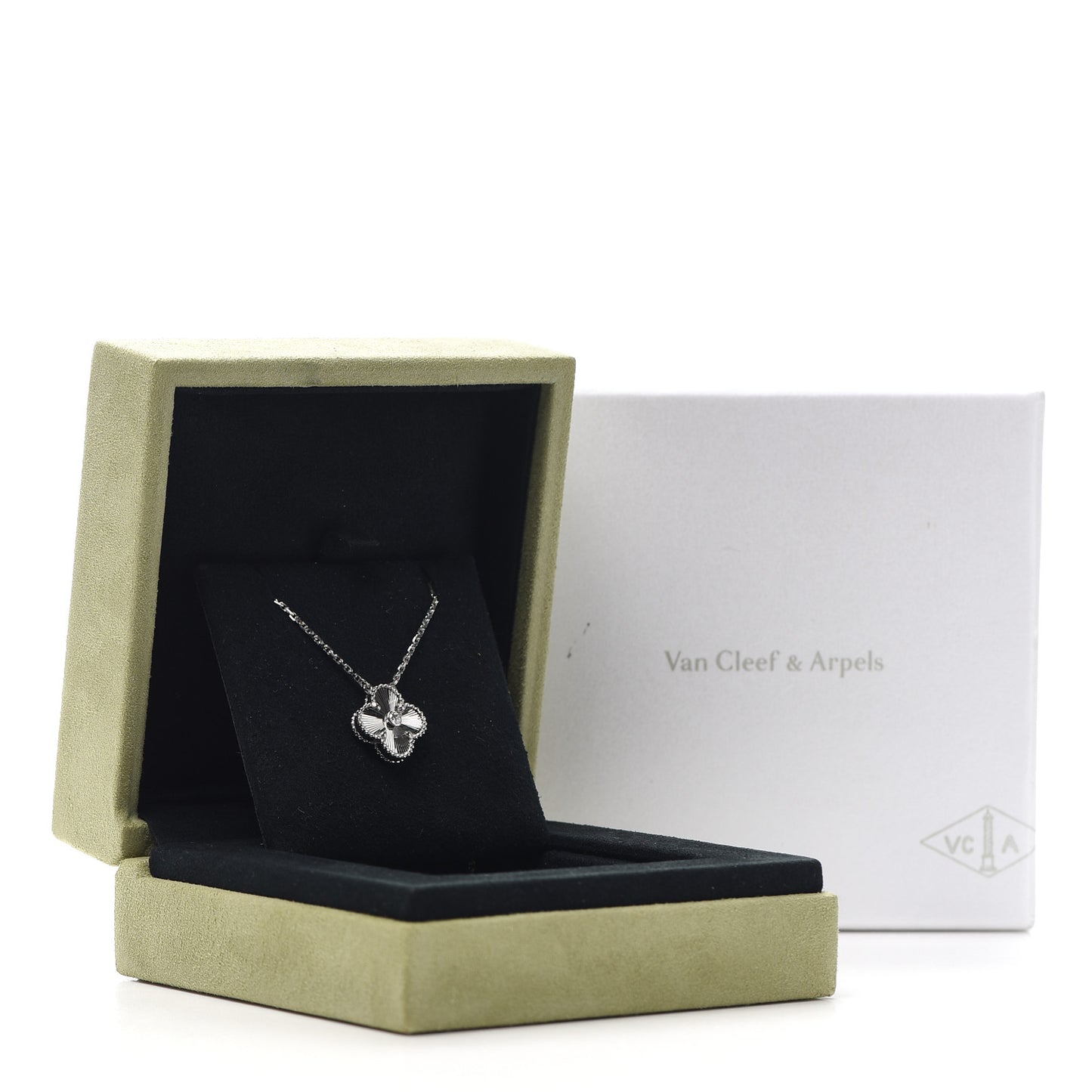 18K White Gold Diamond Guilloche Vintage Alhambra Pendant Necklace