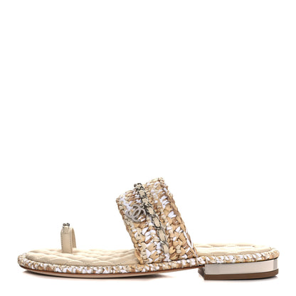 Chanel Raffia Lambskin Woven Chain CC Toe Ring Sandals 38 Beige White 1 of 10
