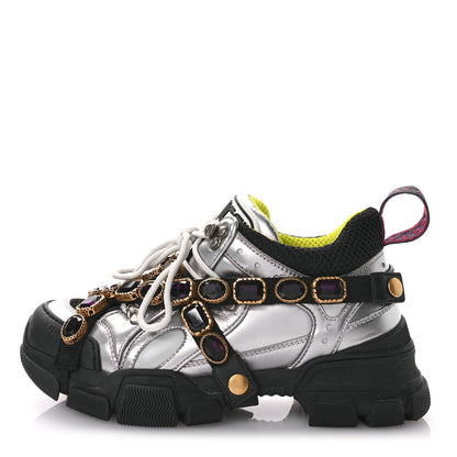 Gucci X SEGA Metallic Calfskin Mesh Removable Crystals Womens Flashtrek Sneakers 37 Silver Black 1 of 7