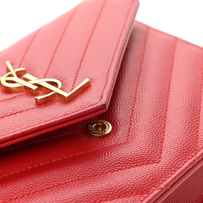 Saint Laurent Grain De Poudre Matelasse Chevron Cassandre Envelope Chain Wallet New Red 10 of 11
