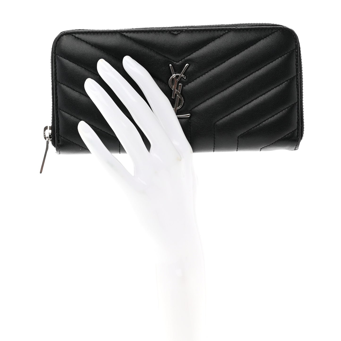 Calfskin Matelasse Chevron Monogram Zip Around Wallet Black