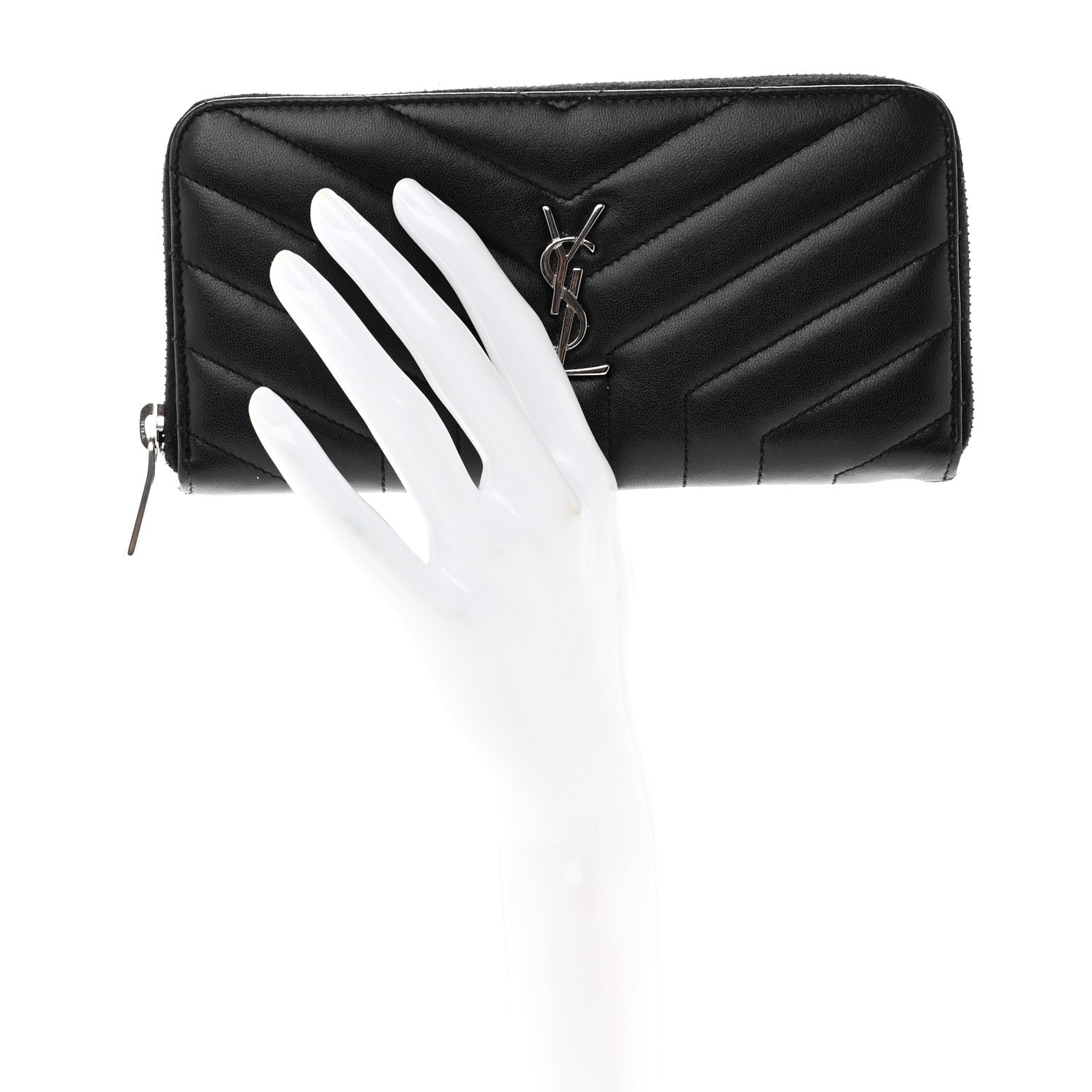 Saint Laurent Calfskin Matelasse Chevron Monogram Zip Around Wallet Black 2 of 7
