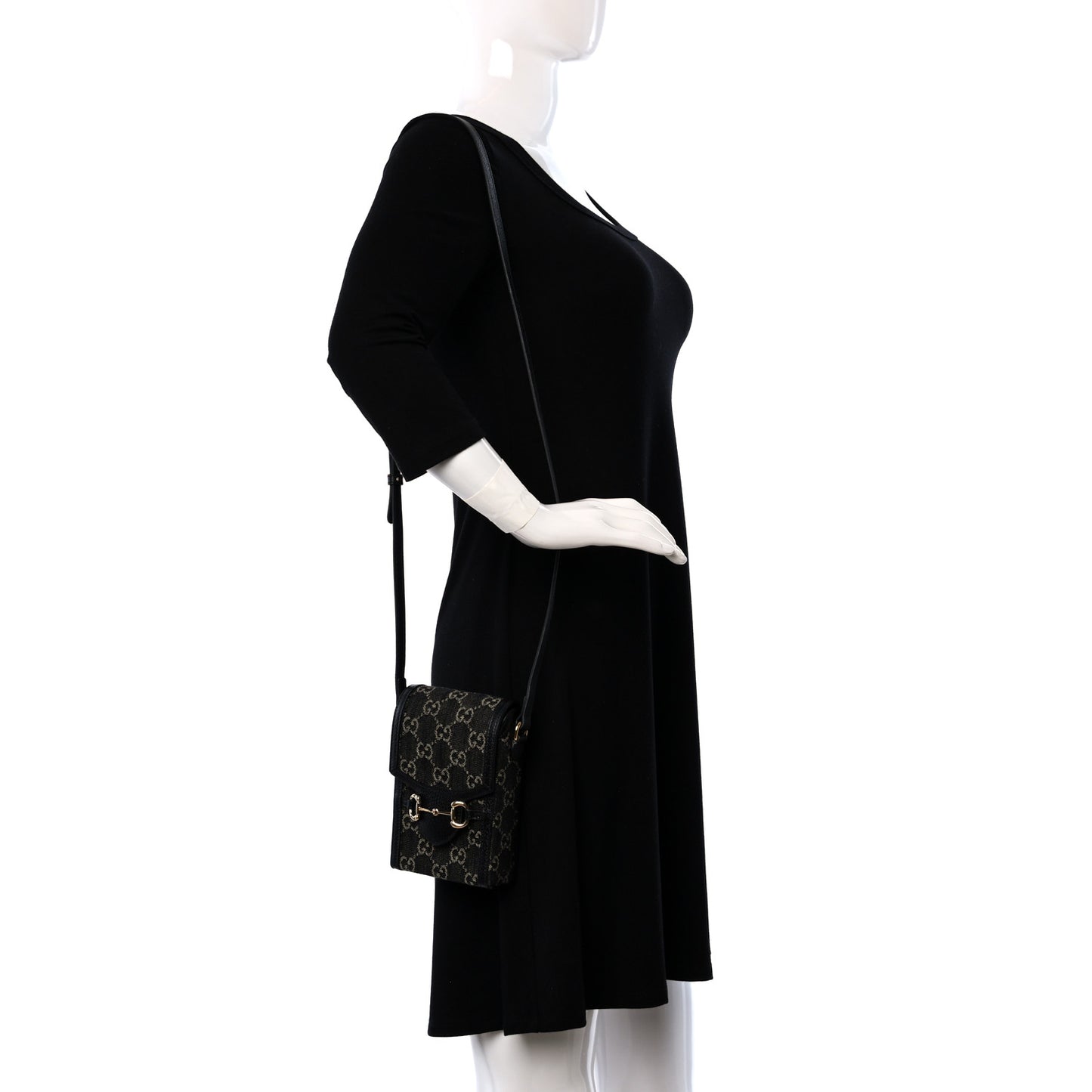 Jacquard Black Denim GG Monogram Textured Dollar Calfskin Mini Horsebit 1955 Crossbody Bag Black Ivory