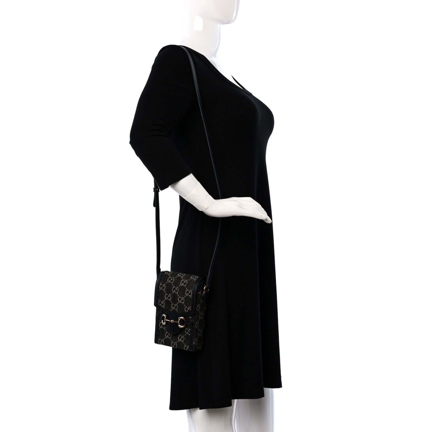 Gucci Jacquard Black Denim GG Monogram Textured Dollar Calfskin Mini Horsebit 1955 Crossbody Bag Black Ivory 2 of 9