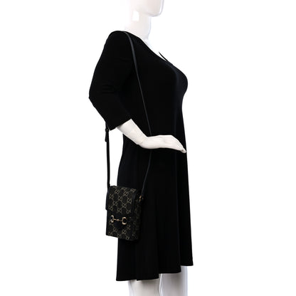 Gucci Jacquard Black Denim GG Monogram Textured Dollar Calfskin Mini Horsebit 1955 Crossbody Bag Black Ivory 2 of 9