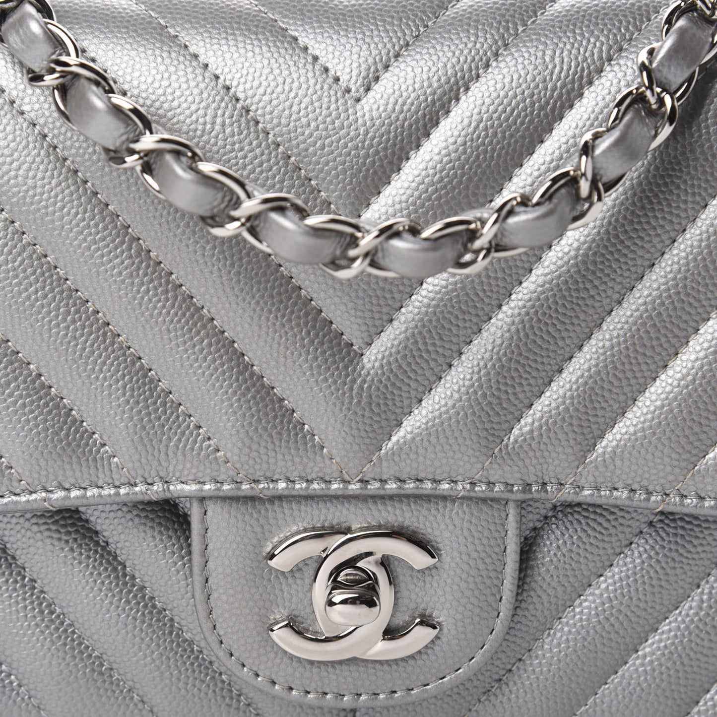 Metallic Caviar Chevron Quilted Mini Square Flap Silver