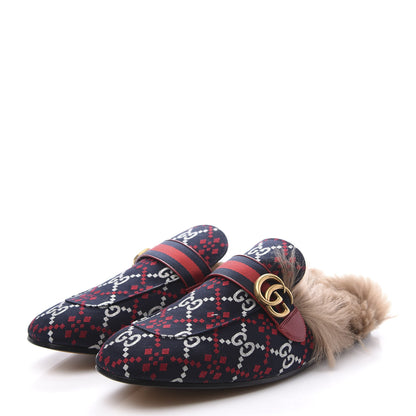 Gucci Canvas GG Monogram Diamond Fur Web GG Mens Princetown Slippers 12.5 Midnight Blue Hibiscus Red 2 of 10