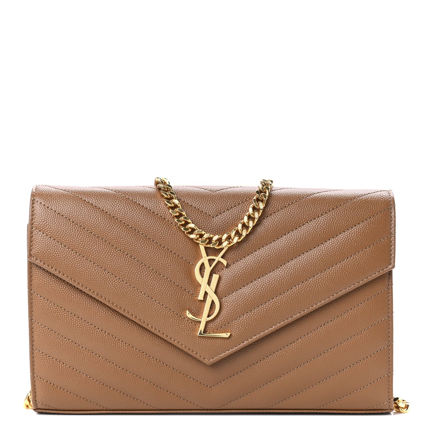 Saint Laurent Grain De Poudre Matelasse Chevron Monogram Chain Wallet Dune 1 of 9