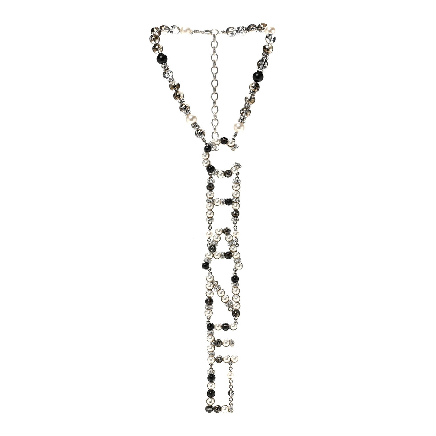Pearl Crystal Bead Chanel Logo Necklace Silver