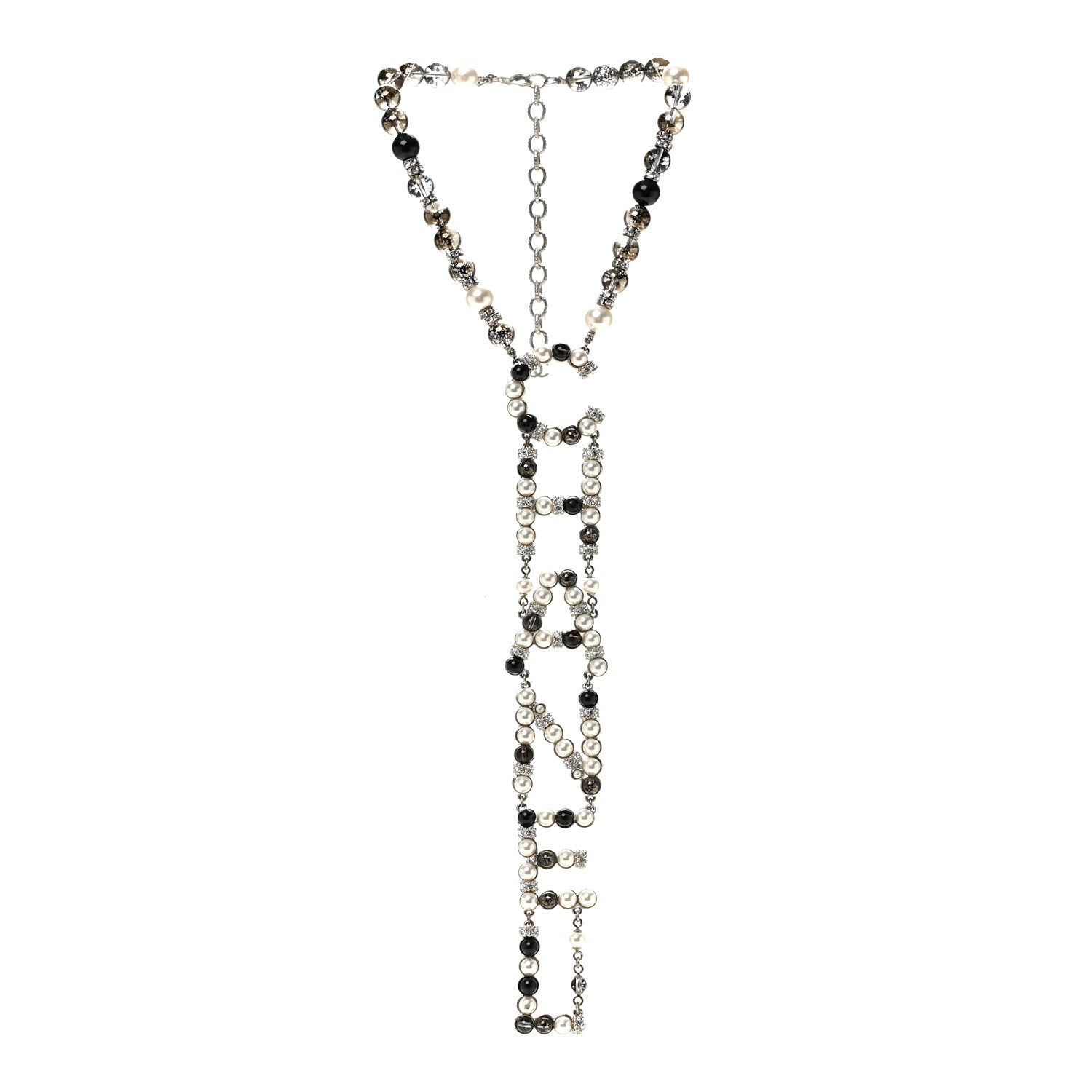 Chanel Pearl Crystal Bead Chanel Logo Necklace Silver 3 of 6