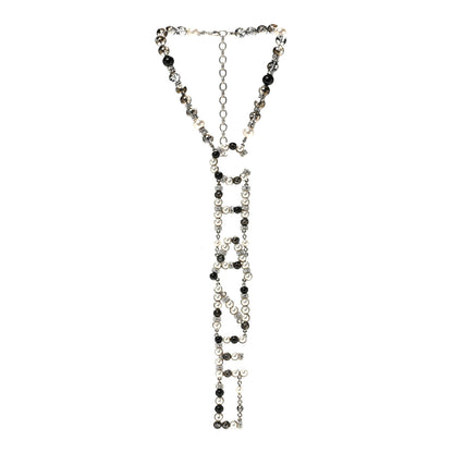Chanel Pearl Crystal Bead Chanel Logo Necklace Silver 3 of 6