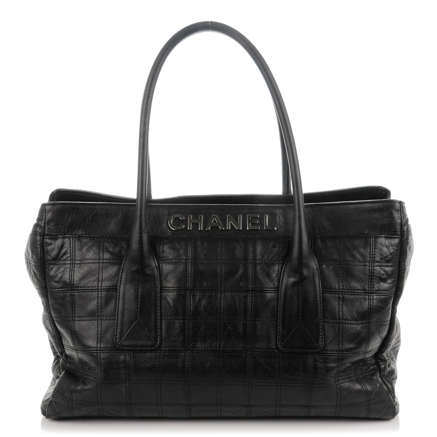 Lambskin Square Stitched Lax Shopping Tote Black