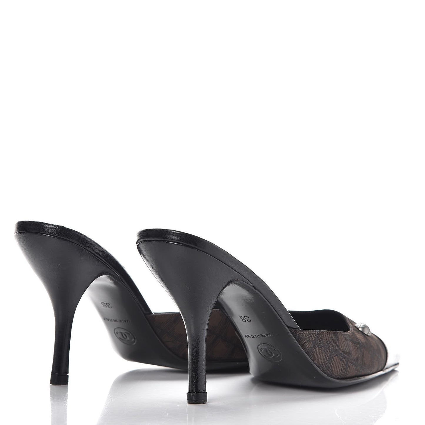 Canvas Calfskin Cap Toe Mules 38 Black Brown