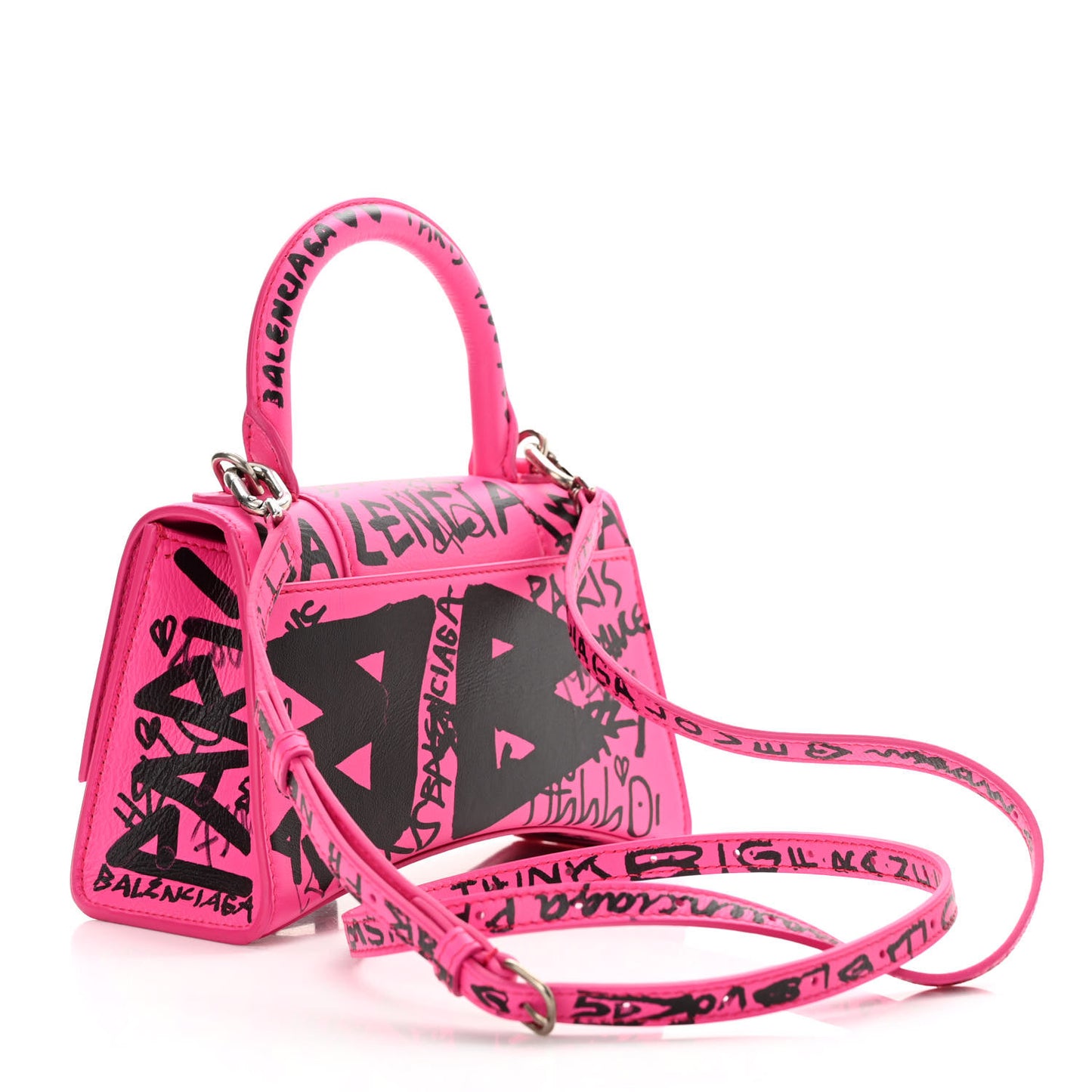 Smooth Calfskin Graffiti Hourglass Top Handle Bag XS Acid Fuchsia Black
