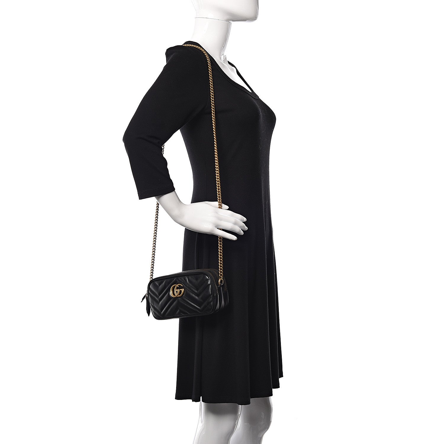 Gucci Calfskin Matelasse Mini GG Marmont Chain Crossbody Bag Black 2 of 9
