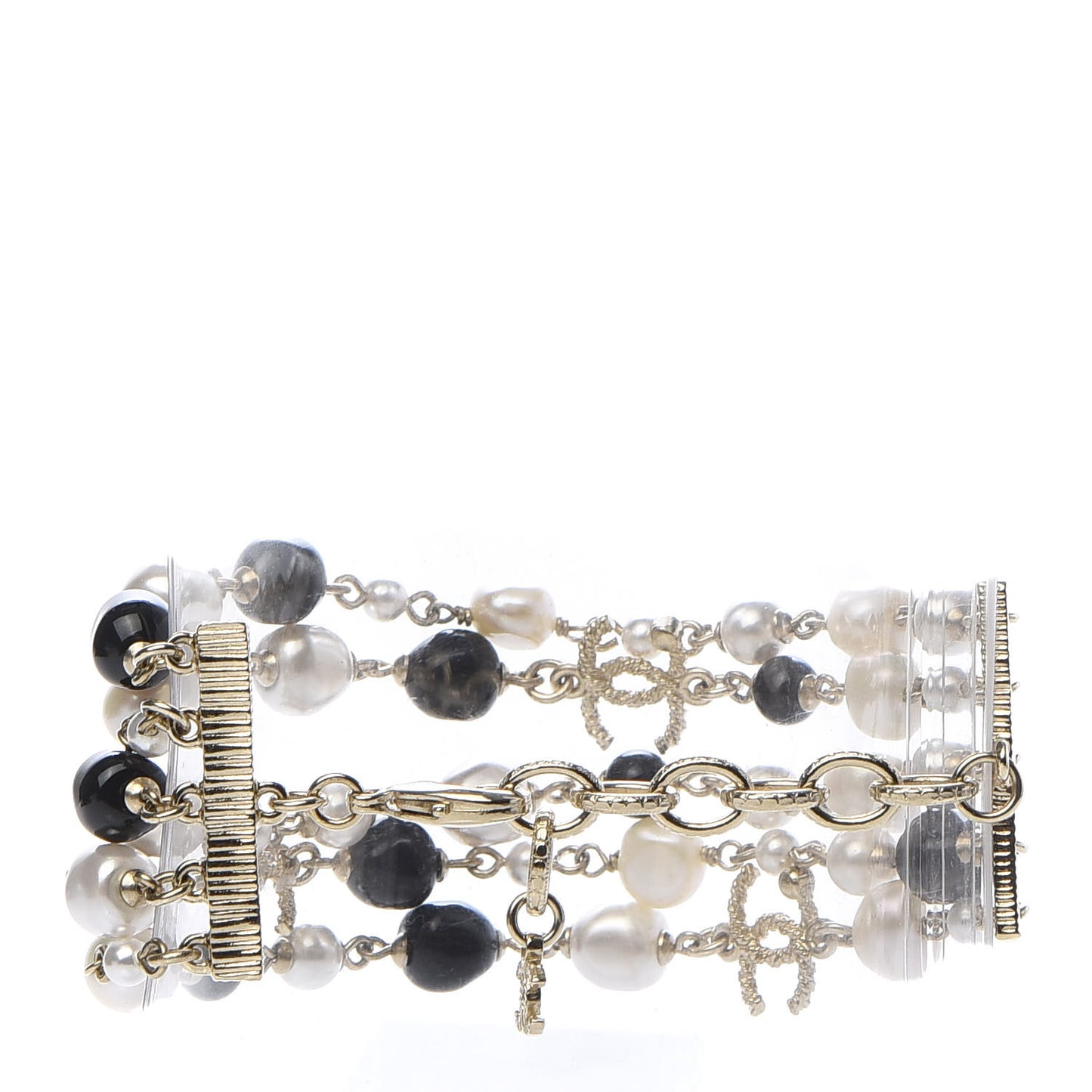 Pearl Bead Crystal CC Multi Strand Byzantine Chain Bracelet Black Gold