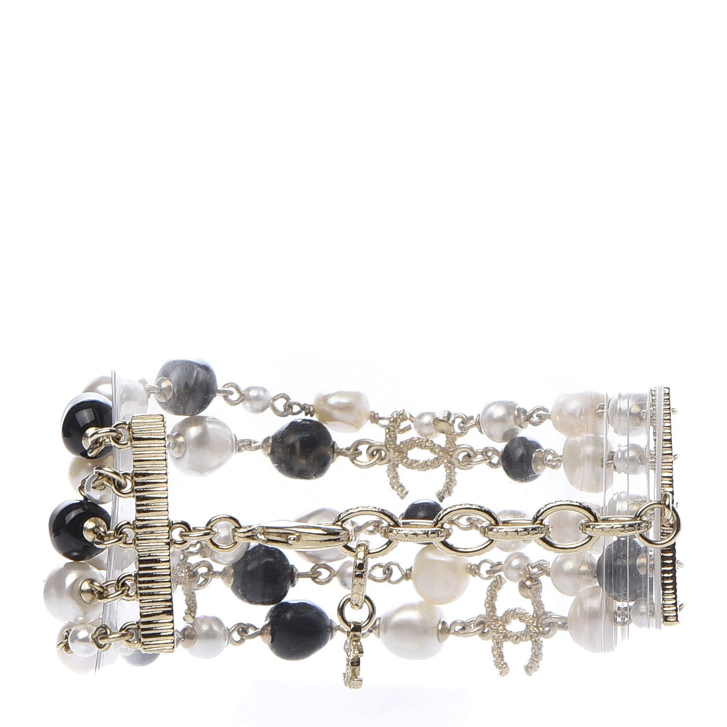 Chanel Pearl Bead Crystal CC Multi Strand Byzantine Chain Bracelet Black Gold 3 of 6