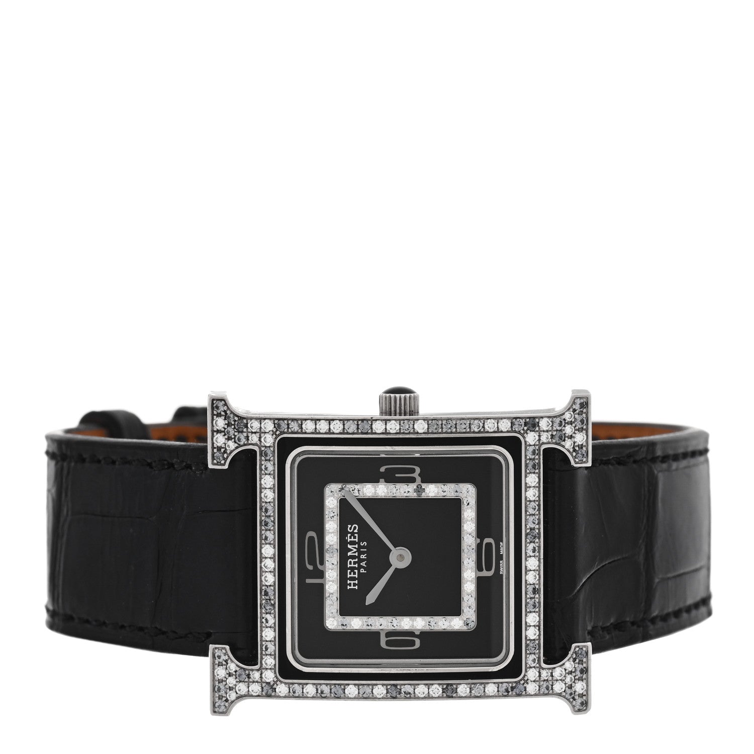 Hermes 18K White Gold Alligator Diamond Grey Sapphire 26mm Heure H Hour Quartz Watch Noir 2 of 5