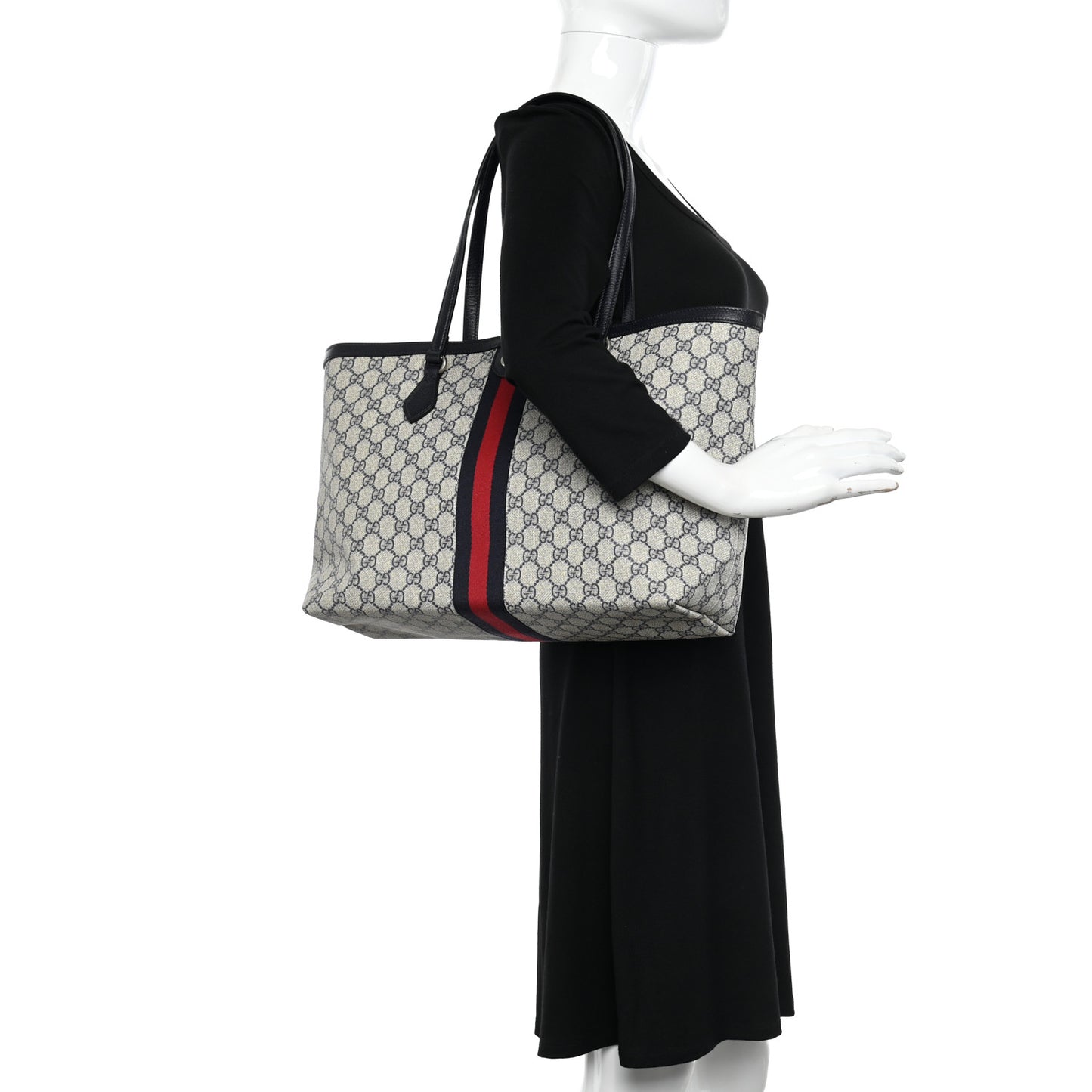 GG Supreme Monogram Textured Calfskin Web Medium Ophidia Shopping Tote Beige Blue