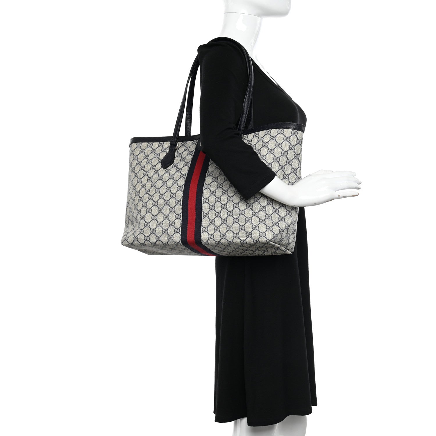 Gucci GG Supreme Monogram Textured Calfskin Web Medium Ophidia Shopping Tote Beige Blue 2 of 10