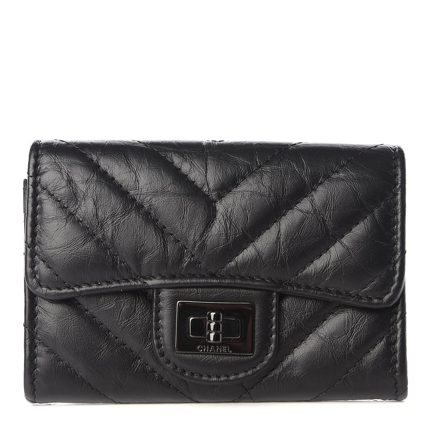 Aged Calfskin Chevron Quilted Reissue Card Holder Wallet So Black