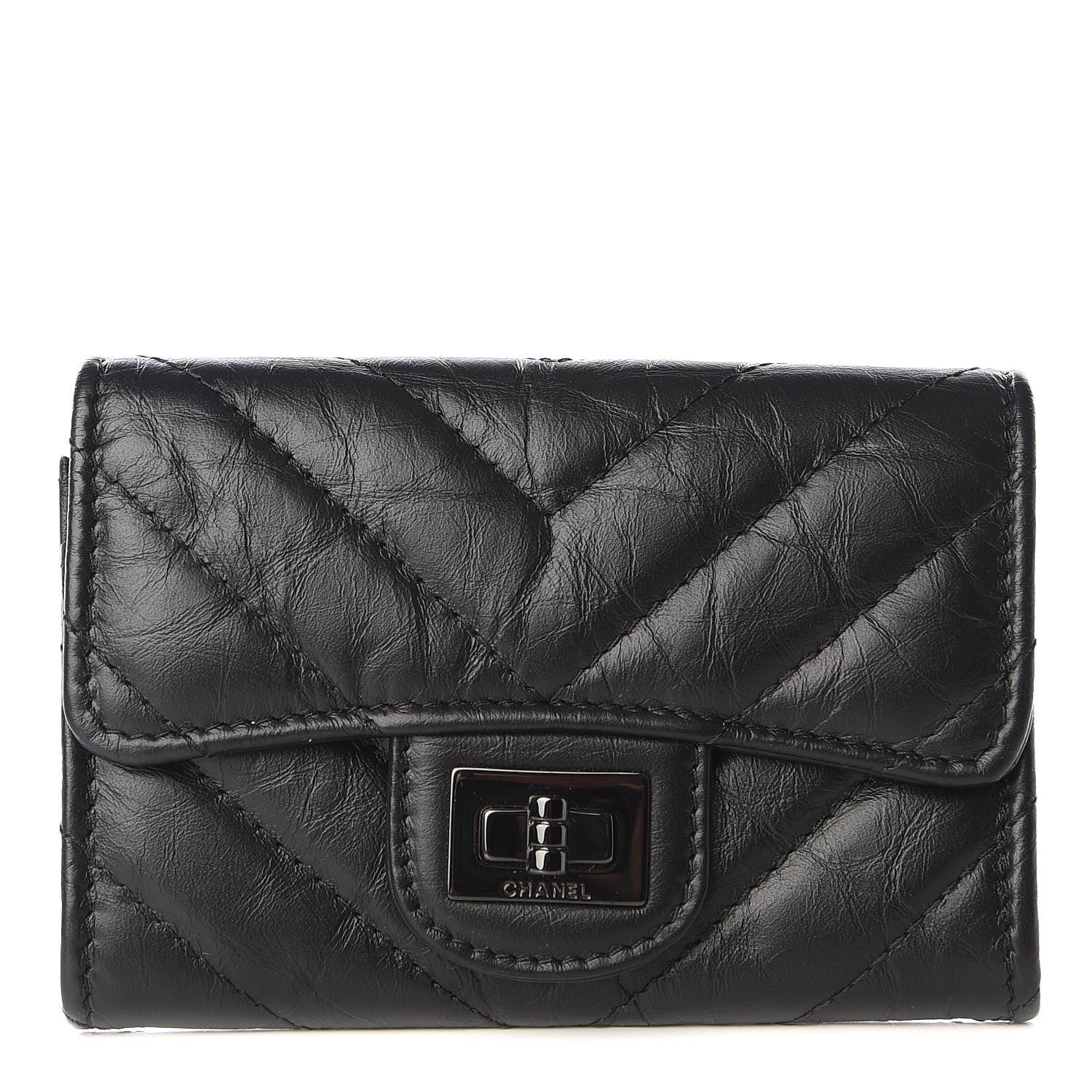 Chanel Aged Calfskin Chevron Quilted Reissue Card Holder Wallet So Black 1 of 10