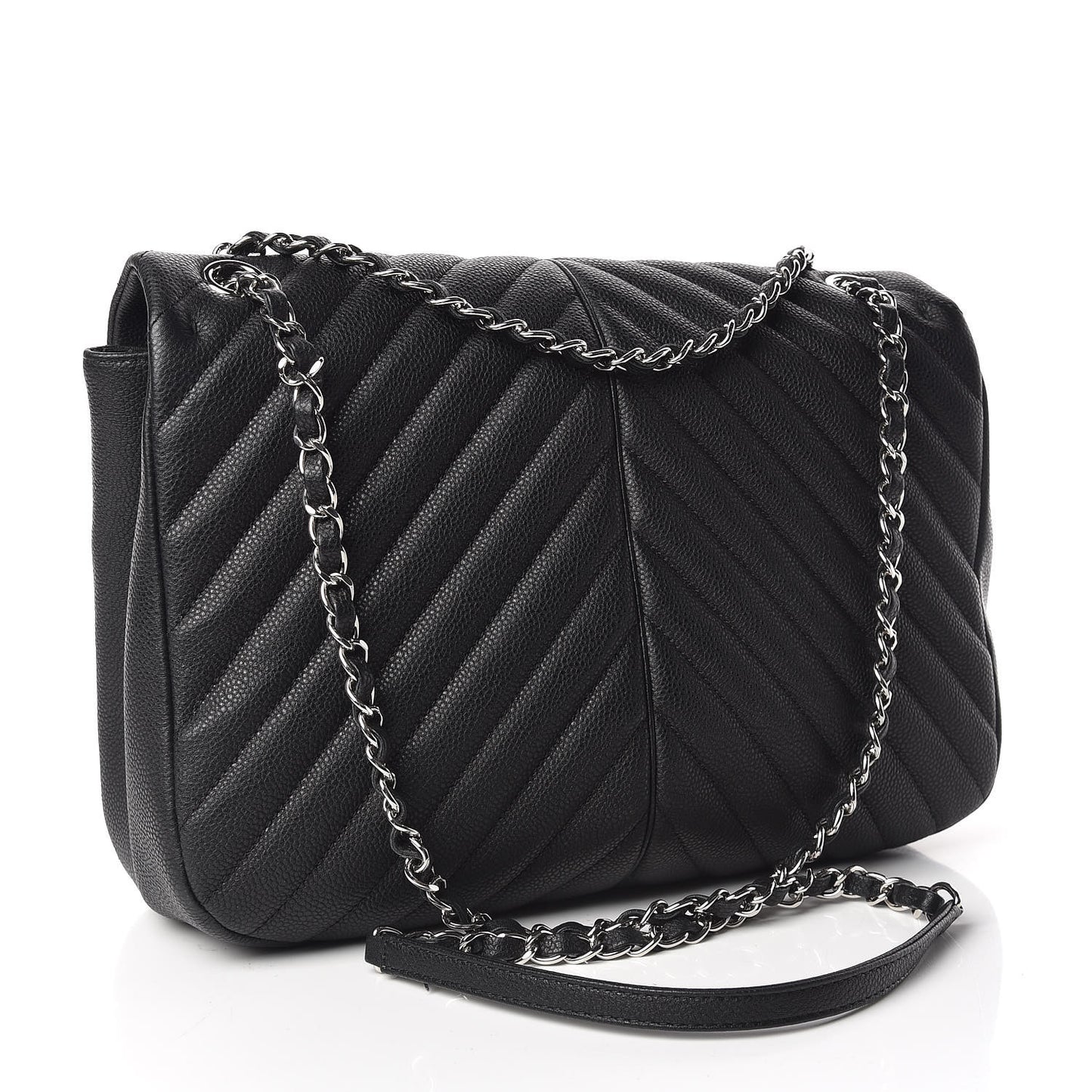 Caviar Chevron Quilted Large Puffy CC Flap Black