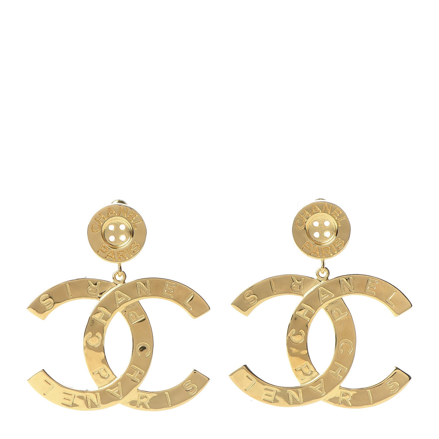 Chanel Metal Large Paris Button Earrings Gold 1 of 5