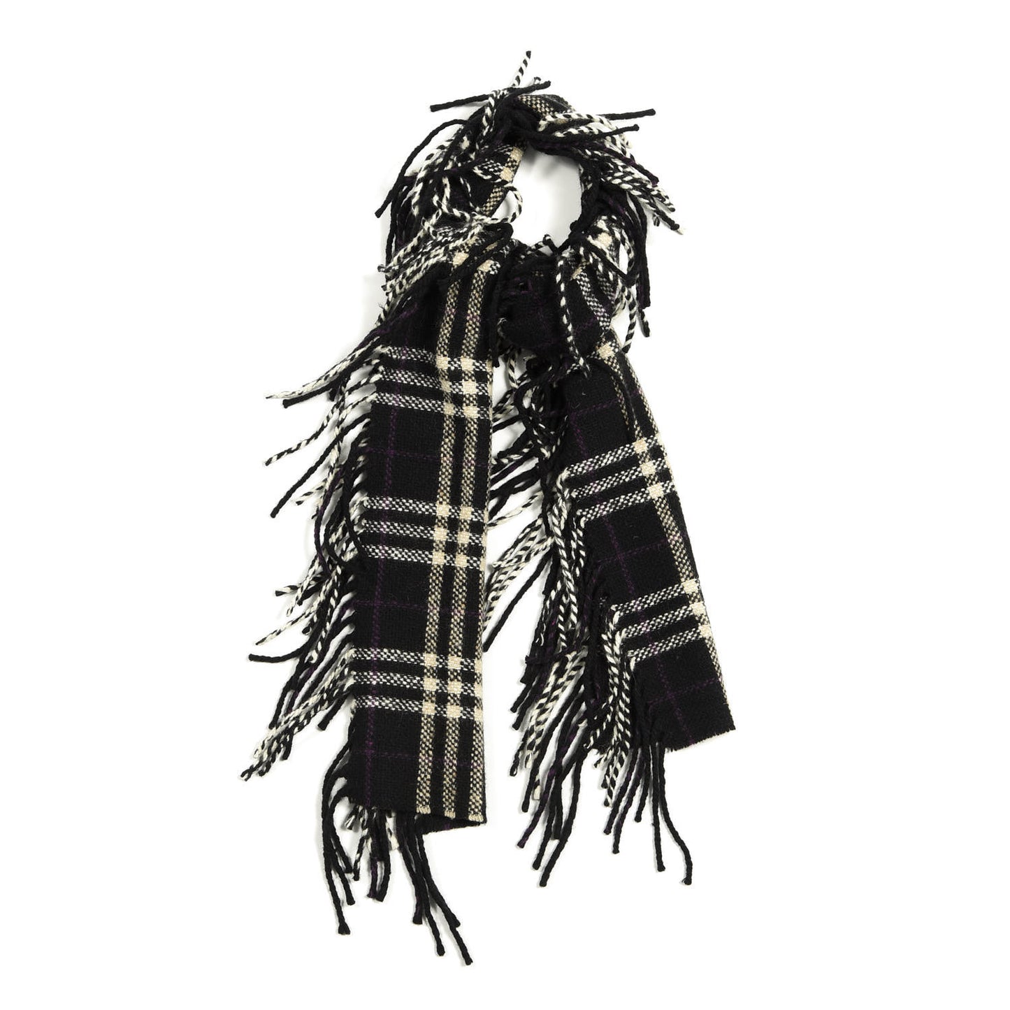 Merino Wool Angora Cashmere Check Happy Fringe Scarf Black