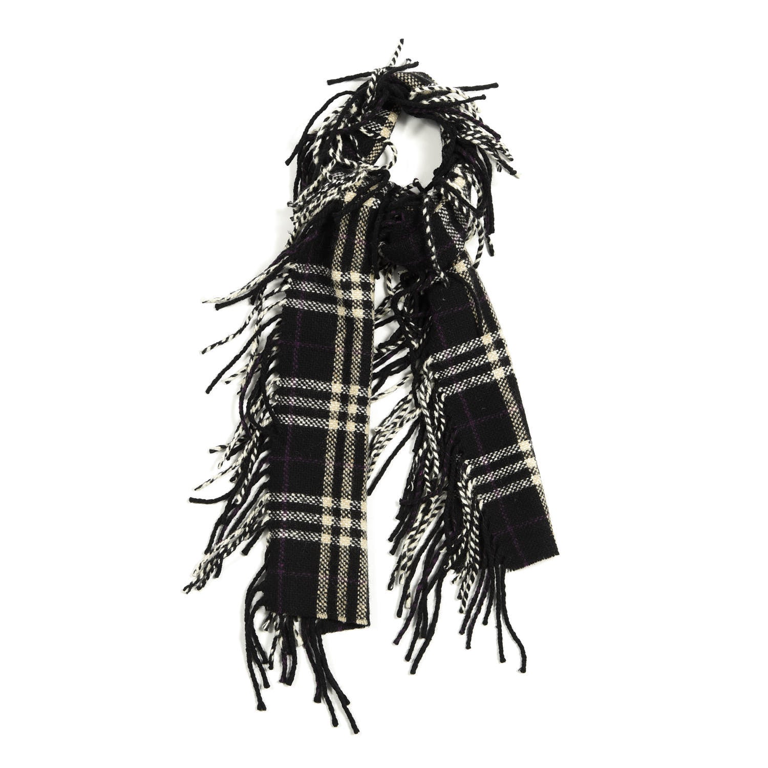 Burberry Merino Wool Angora Cashmere Check Happy Fringe Scarf Black 1 of 3