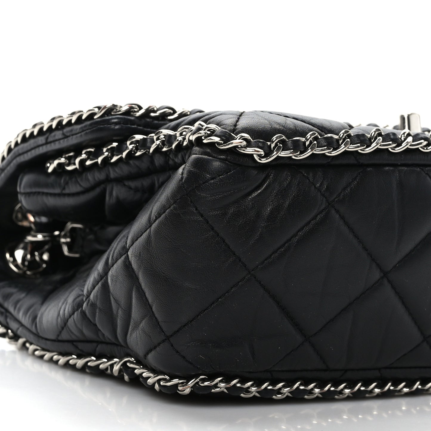 Crumpled Calfskin Medium Chain All Over Flap Black