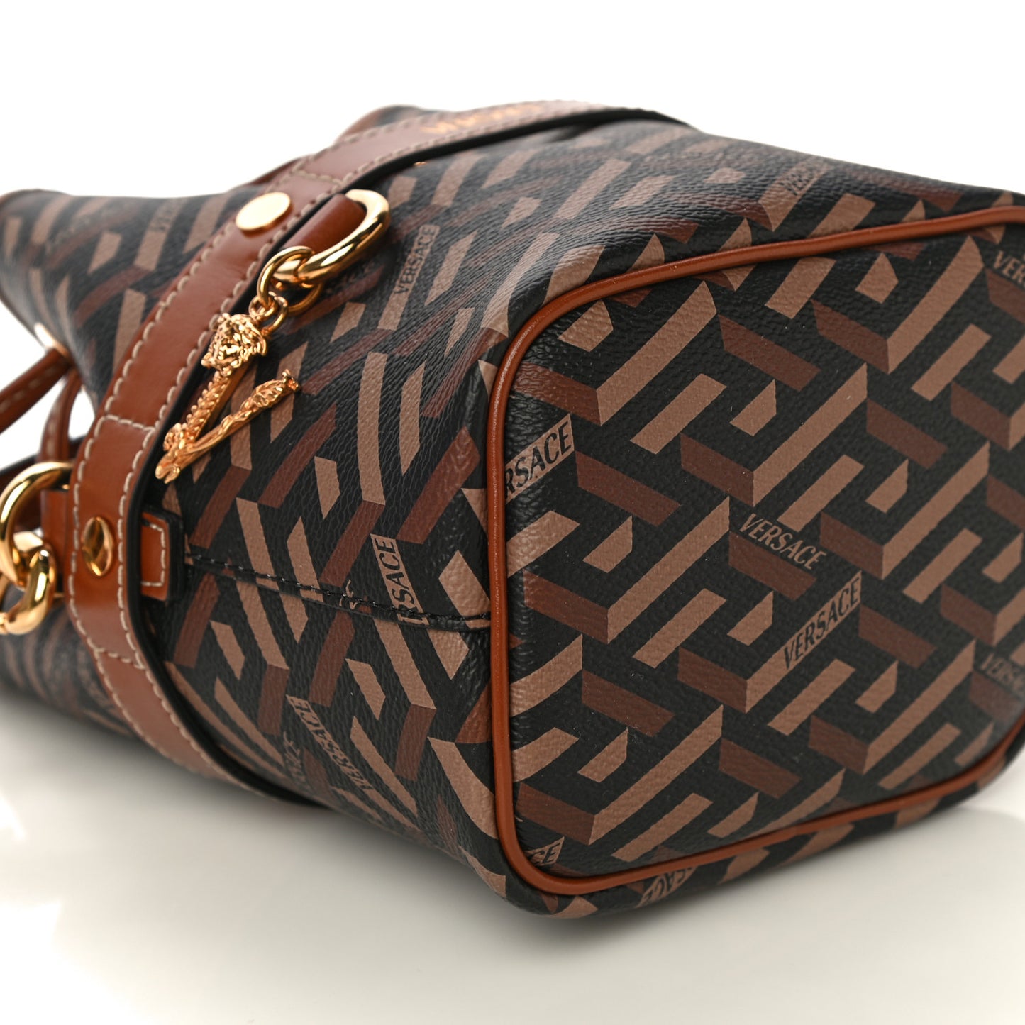 Coated Canvas La Greca Mini Bucket Bag Black Caramel