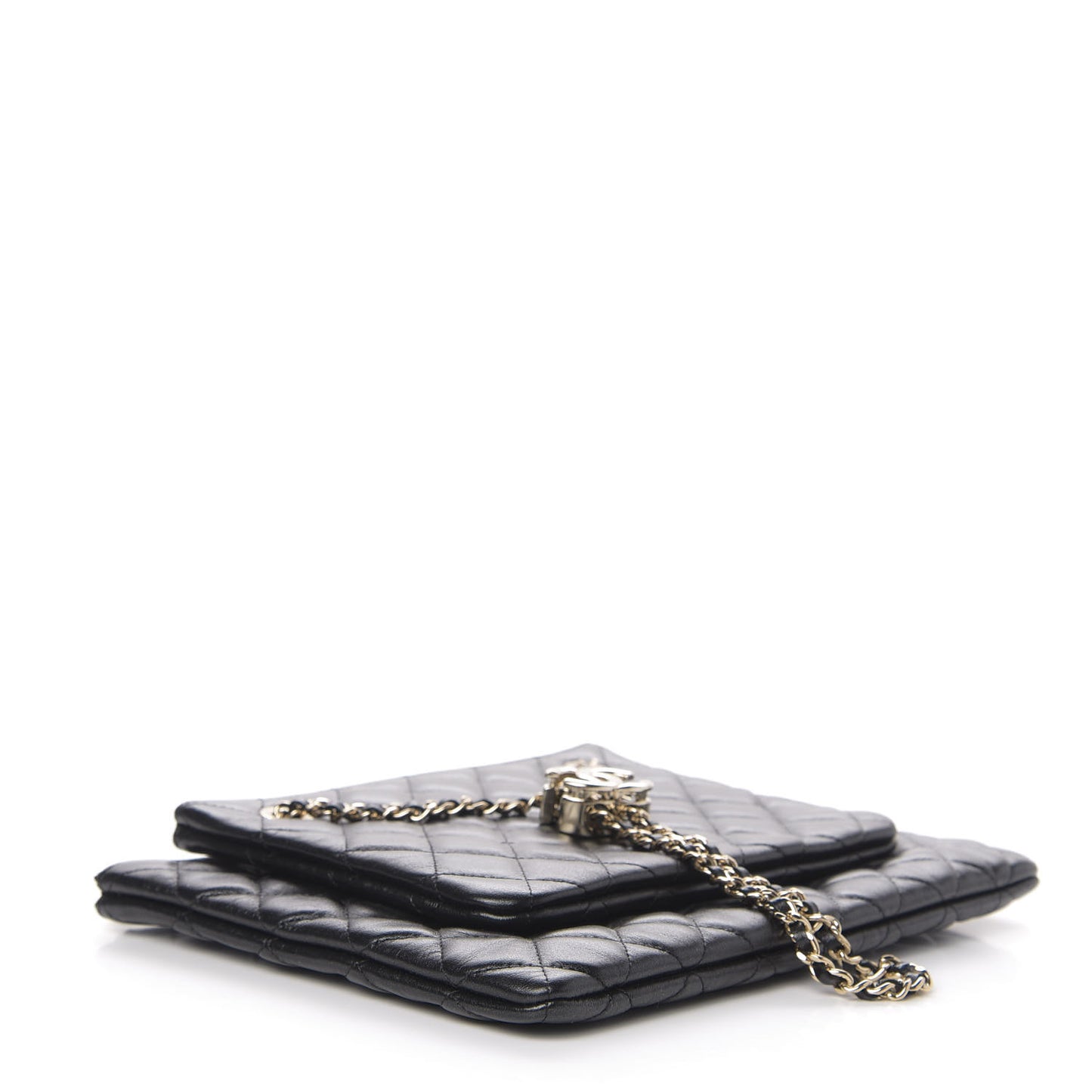 Shiny Lambskin Quilted Medium Double Case With Strap Black