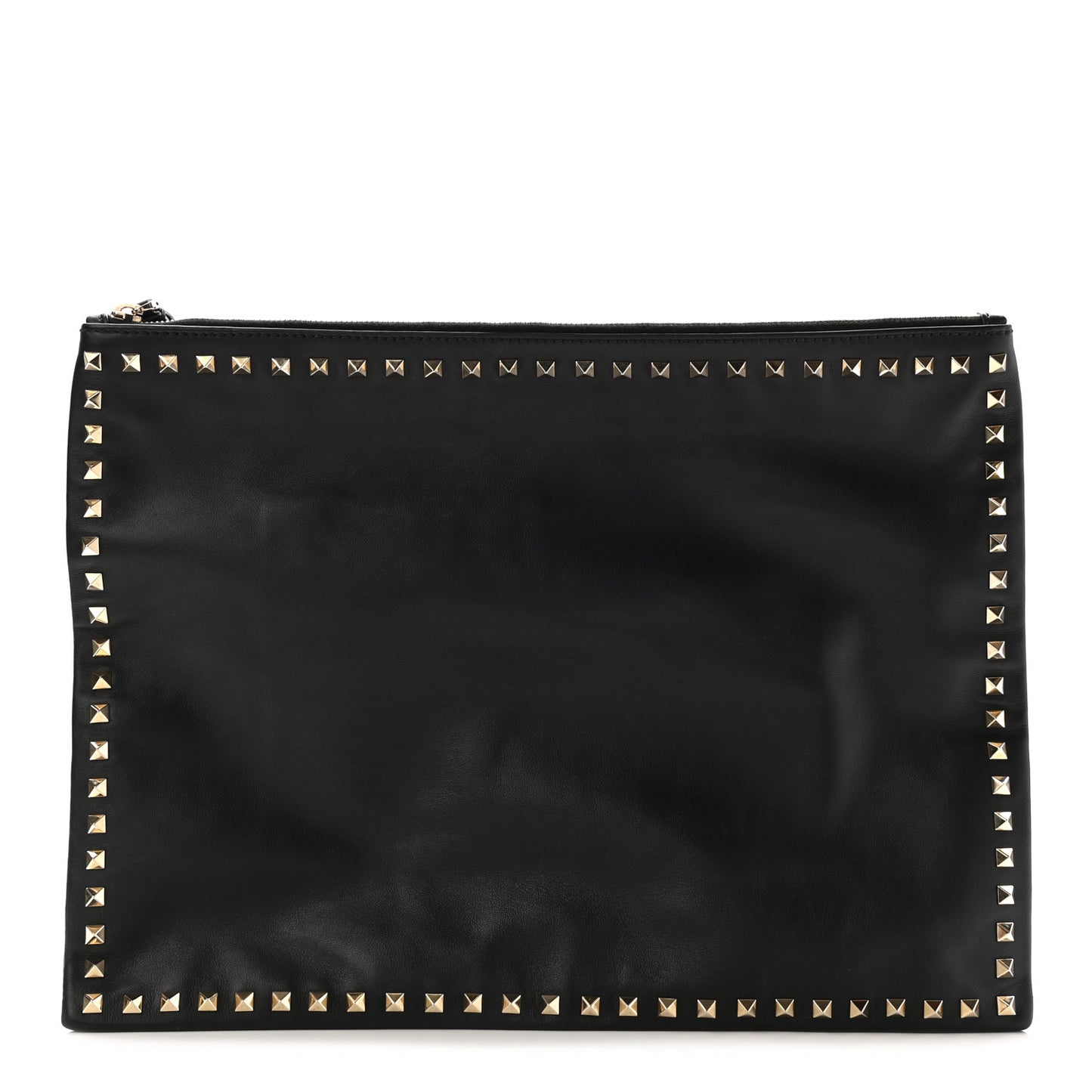 Vitello Oversized Rockstud Zip Wristlet Pouch Black