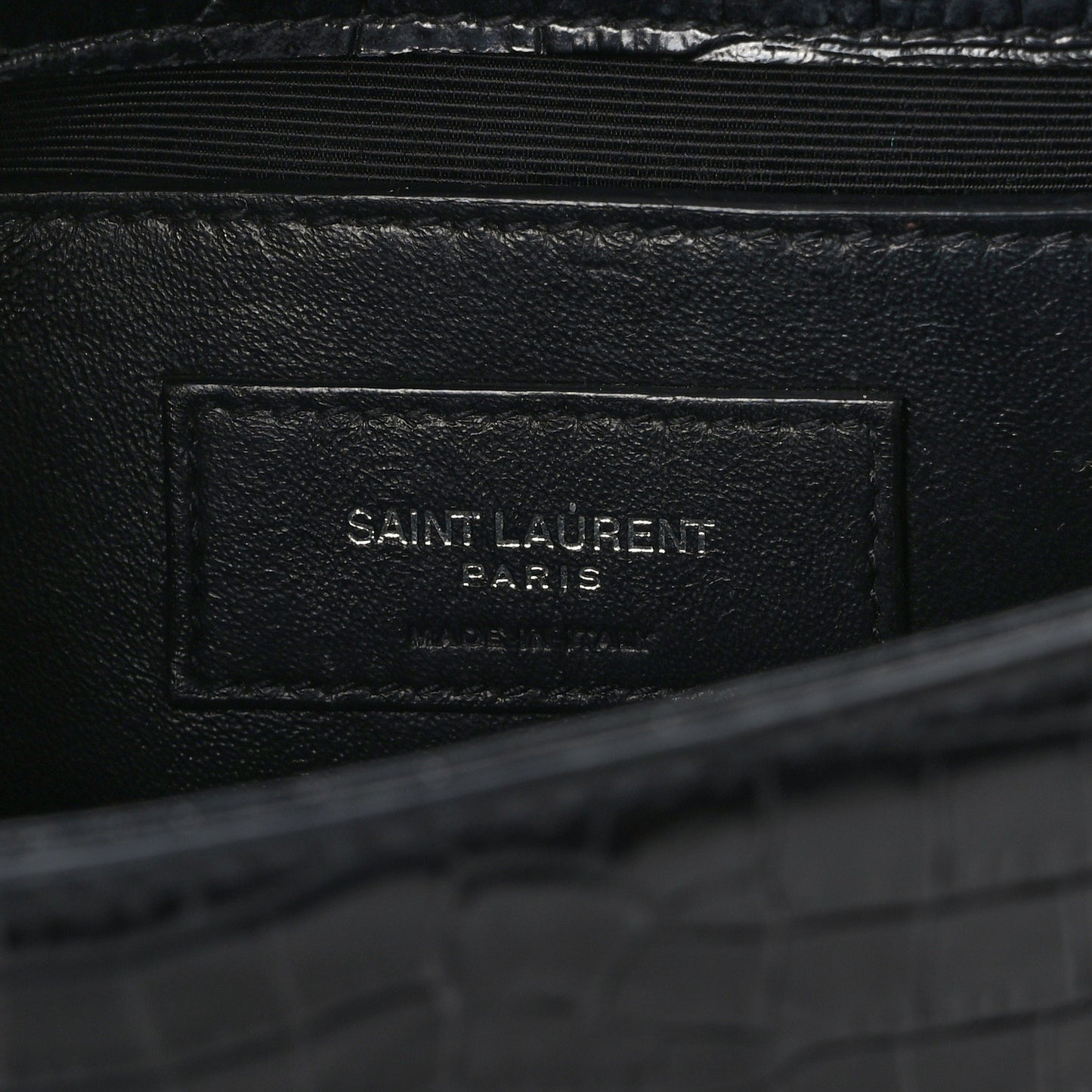 SAINT LAURENT Calfskin Crocodile Embossed Small Classic Monogram Kate Tassel Satchel Black