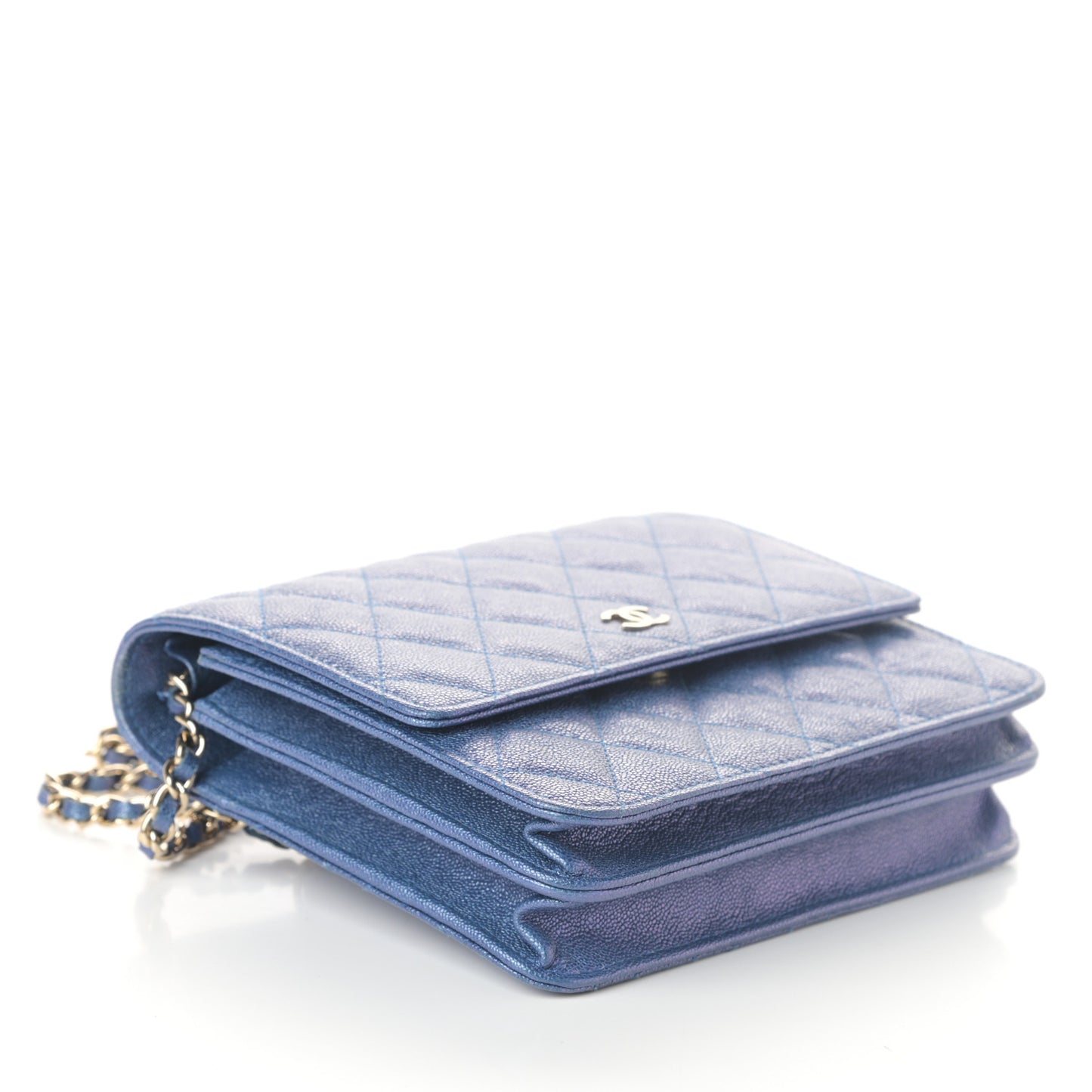 Iridescent Caviar Quilted Square Wallet On Chain WOC Blue