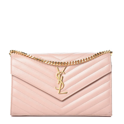 Saint Laurent Grain De Poudre Matelasse Chevron Monogram Chain Wallet Pale Pink 1 of 11