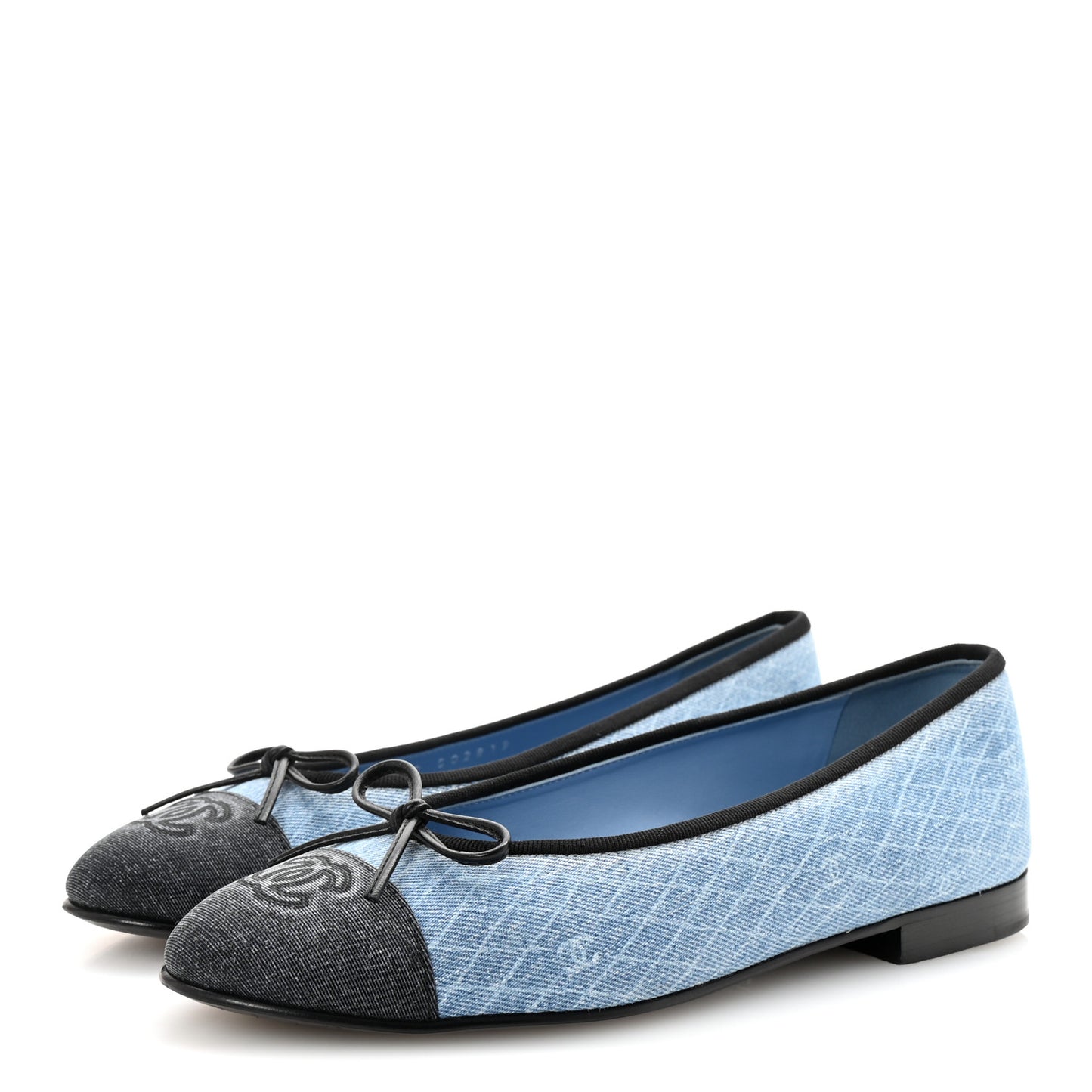 Denim Printed Quilt CC Cap Toe Ballerina Flats 38 Light Blue Dark Grey