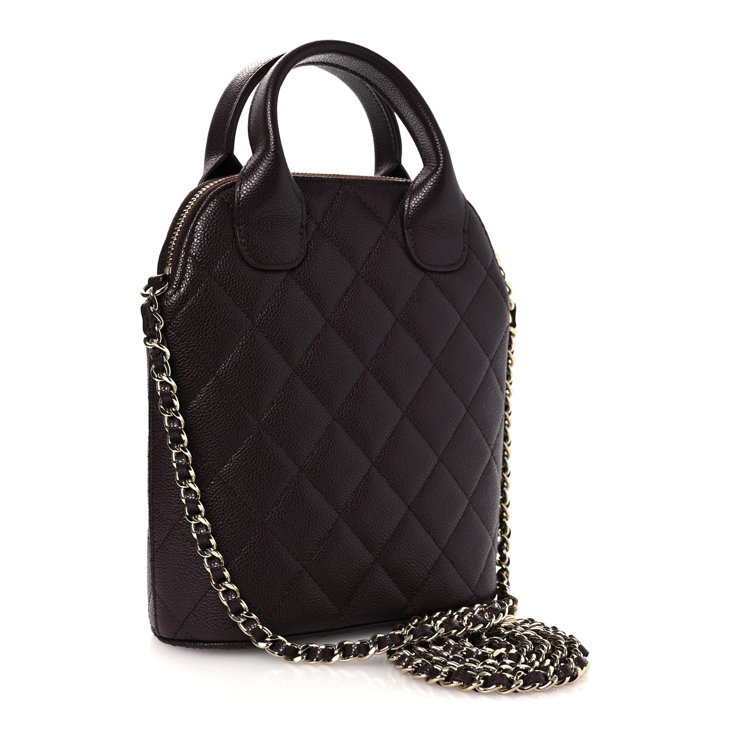 Caviar Quilted Top Handle Clutch With Chain Dark Brown