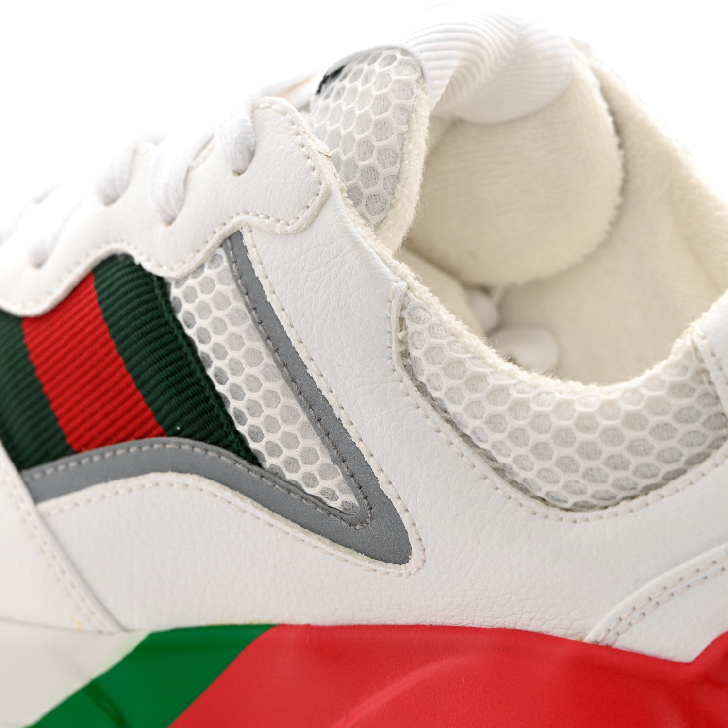 Gucci Lavaredo Eco Fabric Mesh Web Womens Rhyton Reflective Sneakers 36 Great White Green Red Silver 8 of 12
