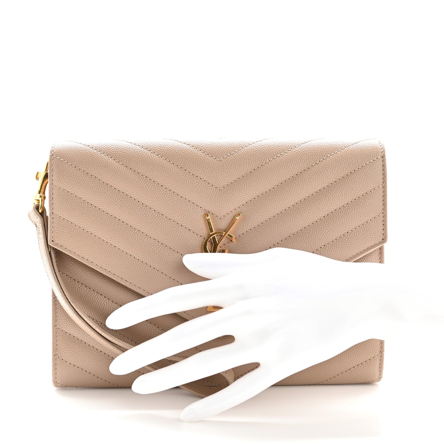 Saint Laurent Grain De Poudre Matelasse Chevron Monogram Envelope Clutch Dark Beige 2 of 11