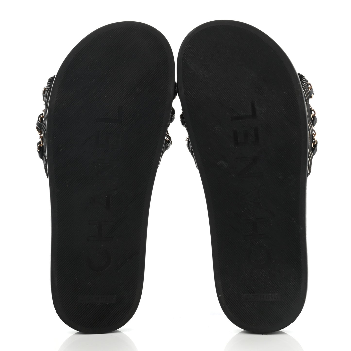 Calfskin Chain Camellia Flat Sandals 36 Black
