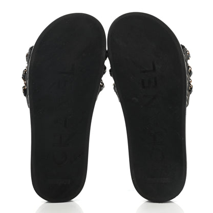 Chanel Calfskin Chain Camellia Flat Sandals 36 Black 5 of 9