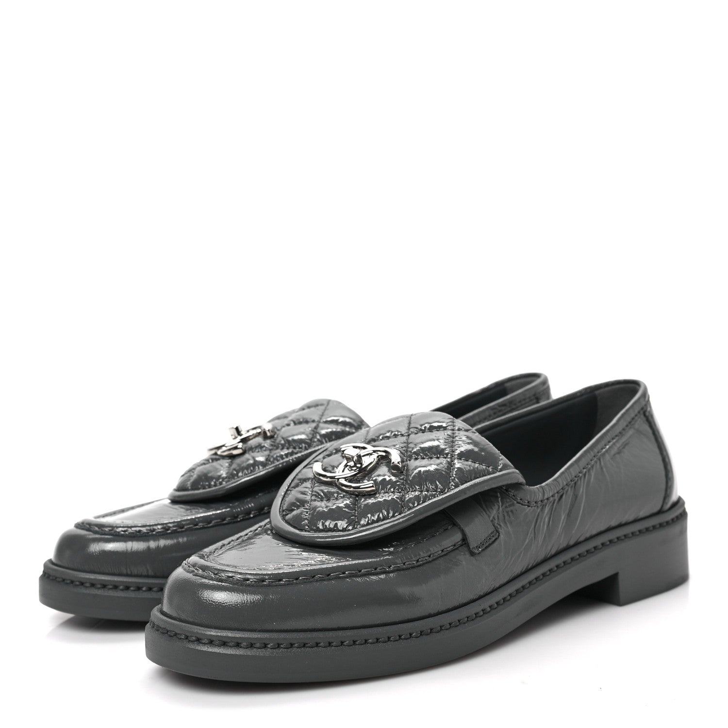 Chanel Crumpled Shiny Lambskin Quilted CC Turnlock Loafers 36.5 Dark Grey 3 of 9