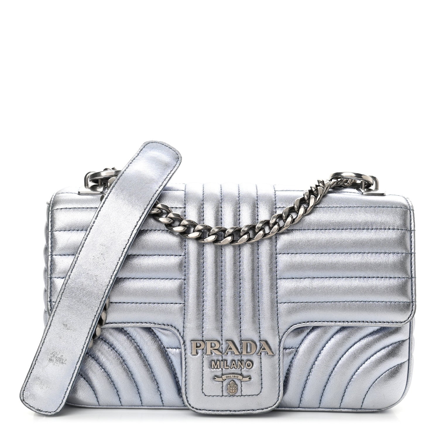 Prada Nappa Impunture Diagramme Medium Chain Flap Shoulder Bag Silver 1 of 10