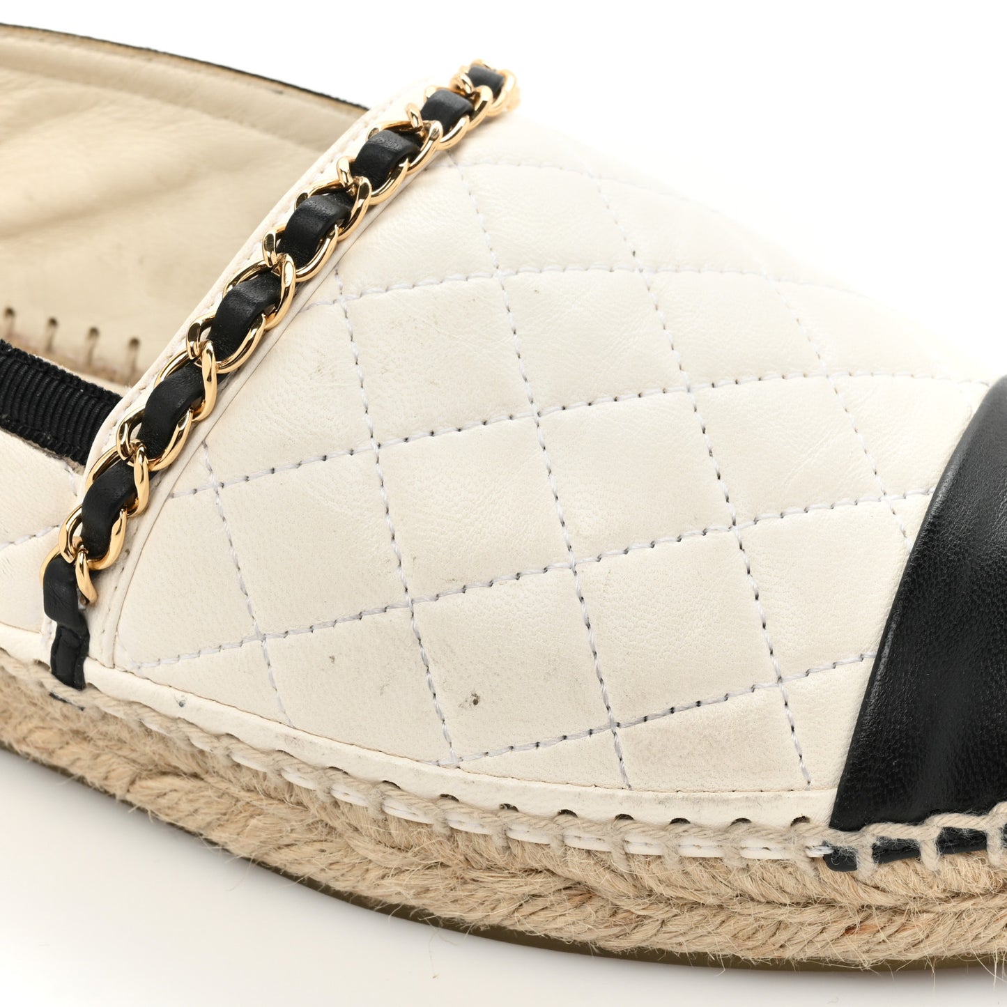 Lambskin Grosgrain Quilted CC Chain Espadrilles 37 White Black
