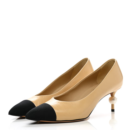 Chanel Lambskin Grosgrain Pearl Cap Toe Pumps 38 Beige Black 3 of 11